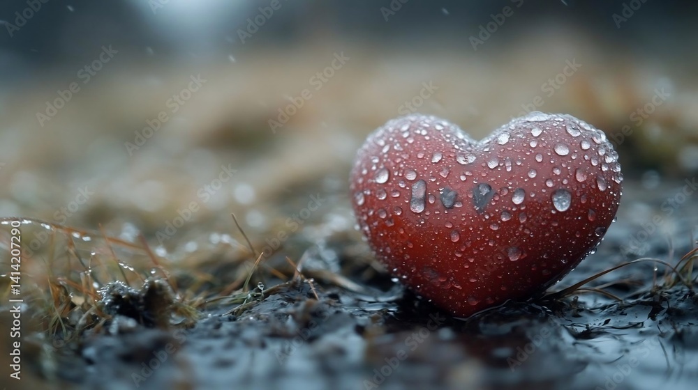 Poster close-up of a red heart shape covered in water droplets resting on wet grass and moss creating a rom
