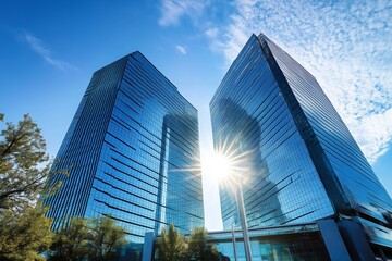 Modern skyscrapers under blue sky with sunlight through glass, symbolizing business success and real estate growth