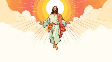 Jesus ascension into the sky surrounded by clouds and radiant sunlight flat vector illustration