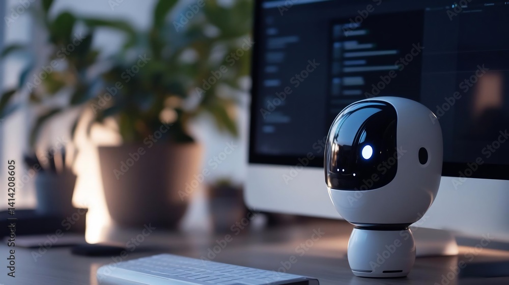 Poster A small white robot stands on a wooden desk near a computer and keyboard. The background includes plants and a soft lighting. The robot has glowing eyes and reflective surfaces. Focus is on the