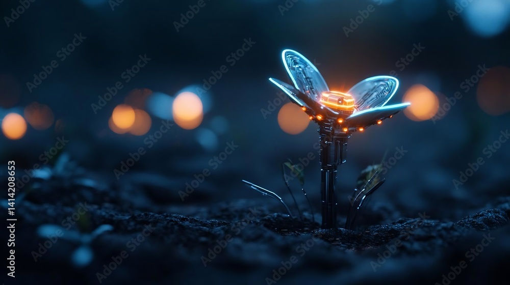 Aufkleber Digital representation of a robotic flower with glowing details set against a blurred bokeh background and dark foreground