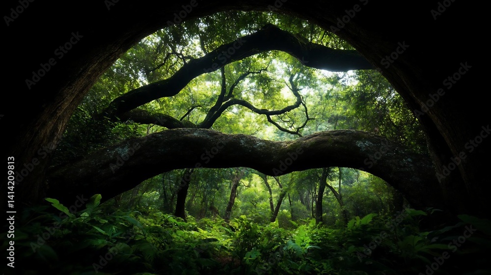 Poster a lush green forest interior framed by natural archways of tree branches and foliage creating a tran