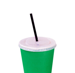 disposable paper cup with straw isolated on white