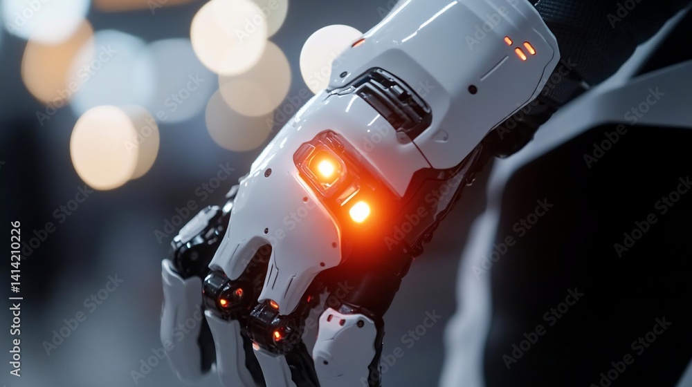 Aufkleber Close-up of a futuristic robotic arm with glowing orange lights. The arm is white with black detailing and appears to be a part of a larger suit or structure. The background is blurred with bokeh
