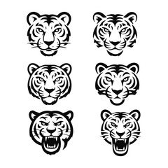 Tiger set logo vector icon Silhouette of a tiger head isolated on white background. Set of tiger head illustrations in black and white. Tiger head design on white background.