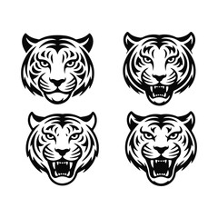 Tiger set logo vector icon Silhouette of a tiger head isolated on white background. Set of tiger head illustrations in black and white. Tiger head design on white background.