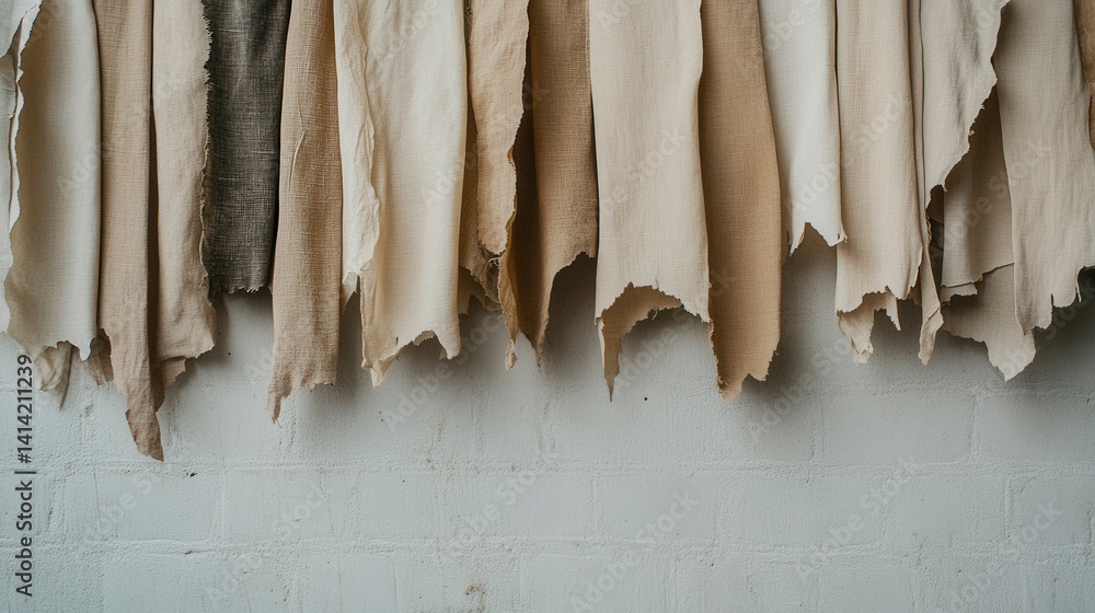 Poster textured fabric swatches hanging in natural tones, creating an inspiring backdrop for design and art