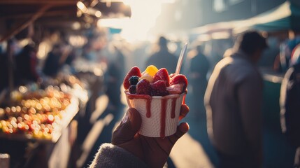 Hand holding of Glass with strawberry dipped in chocolate and pistachio,empty sunday market background,Kunafa Pistachio,dubai chocolate,copy space.