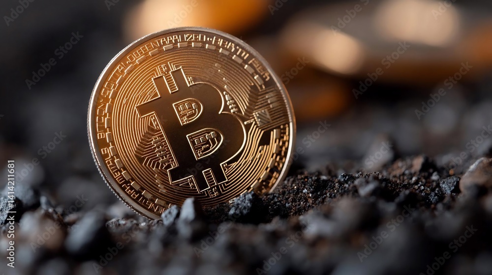 Poster Close-up of a golden coin with intricate design resting on dark, textured surface with soft lighting, emphasizing texture and detail