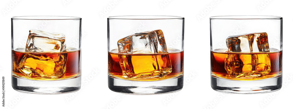 Poster three glasses filled with whiskey each containing a large ice cube showcasing a classic and sophisti