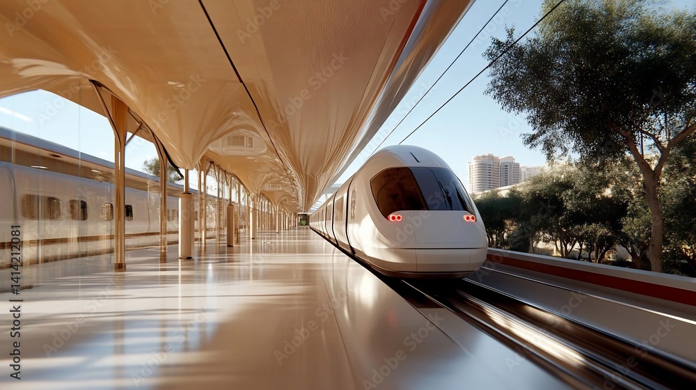 Poster a generic high-speed train arriving at a pristine station with a detailed roof structure. the exteri