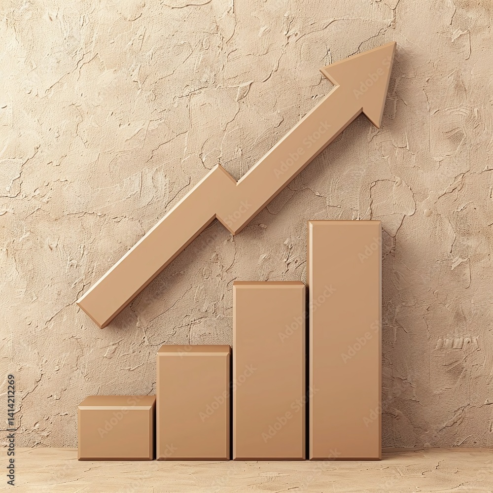 Poster abstract representation of growth with a rising arrow and bars on a textured beige wall background