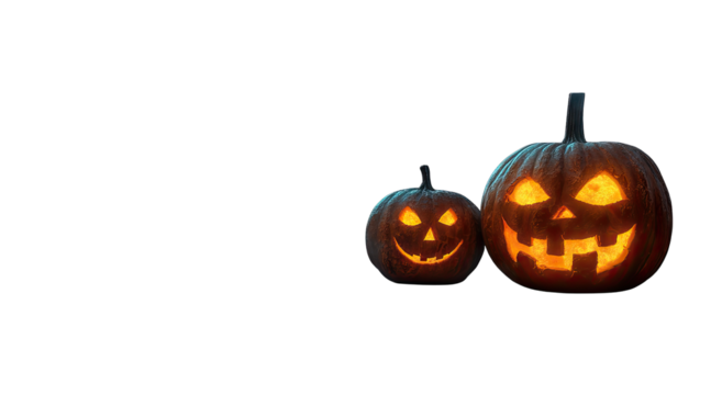 a spooky halloween scene featuring two carved pumpkins with glowing faces set against a dark misty backdrop of an old village with illuminated windows the atmosphere evokes a sense of festivity and ee