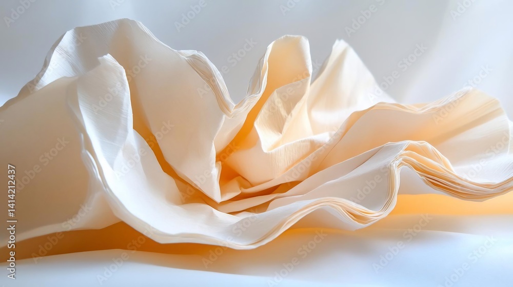 Aufkleber Close-up of layered fabric with delicate folds creating an abstract petal-like form in soft cream and peach tones