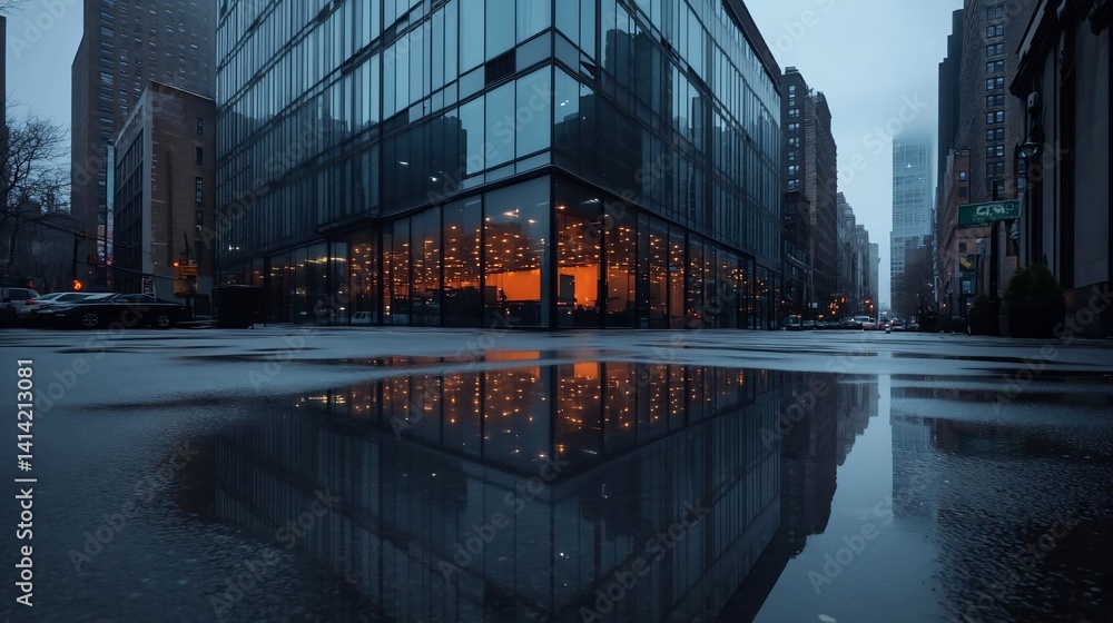 Poster reflective cityscape after rain showcasing modern architecture with orange illuminated interiors mir