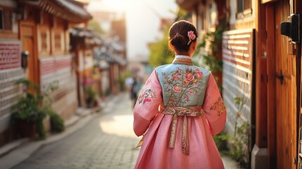 Fototapeta premium Back view of korean asian woman in traditional korean dress or hanbok dress walking in old palace in night with full moon, Seoul city, South Korea,copy space.