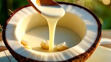 Coconut Milk, Vegan Cream, Dairy Substitute. Plant-based Nutrition. Coconuts processed into healthy drinks. Alternatives foster lactose-free diets. Sustainability practices boost tropical agriculture.