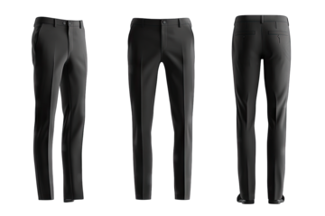 a set of black trousers displayed from three angles highlighting their design and fit ideal for fashion presentations or online retail