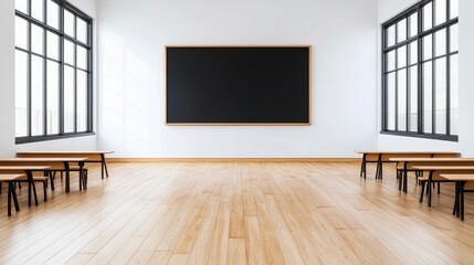 Bright and spacious classroom interior showcasing minimalist design with wooden floors and chalkboard area for learning