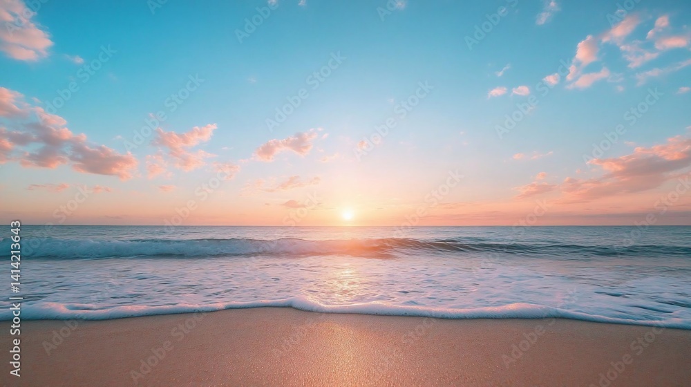 Poster serene seascape at sunset featuring a vibrant sky reflected on the ocean. soft waves gently lap the 