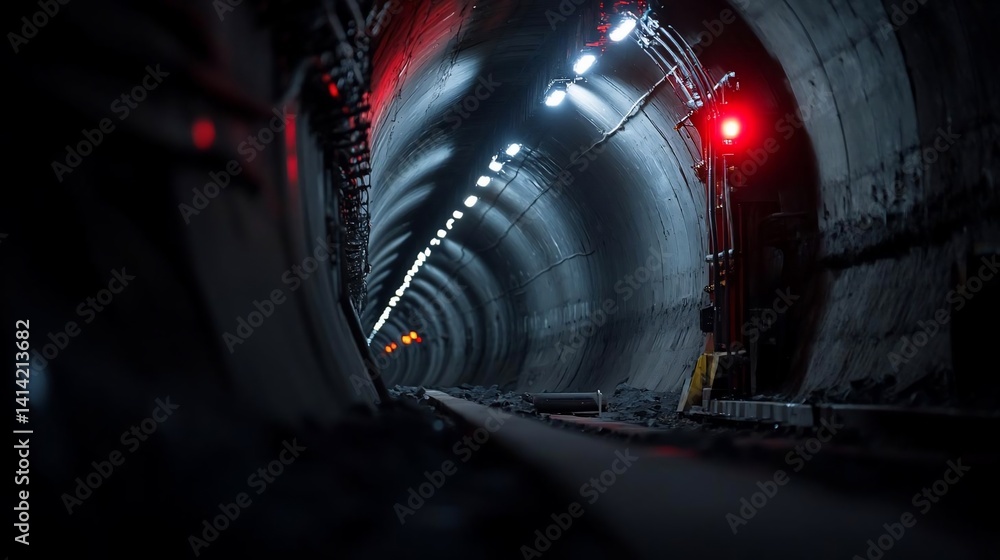 Poster Dark tunnel with bright lights creating depth perspective along a track line with warning lights and rough concrete texture