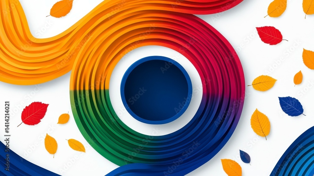 Poster vibrant swirls of colored paper create a dynamic composition with a deep blue circle at the center a