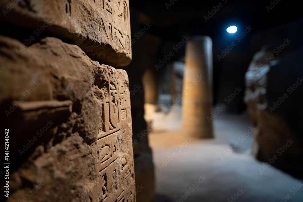 Aufkleber close up view of ancient stone walls with carved hieroglyphs a dimly lit tunnel leads to the backgro