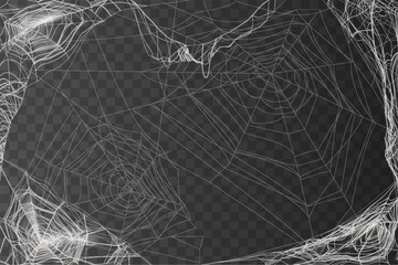 Cobweb on transparent background, hanging spider web frame overlay effect, Halloween, gothic spooky vector illustration