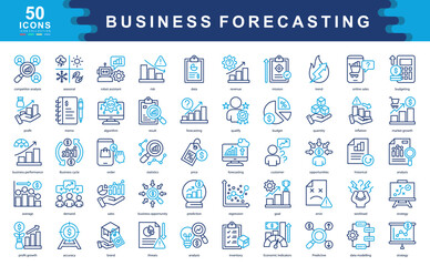50 business forecasting icons illustrating trends, data modeling, predictions, and growth metrics. Ideal for planning, analytics, revenue strategy, and market performance insights.