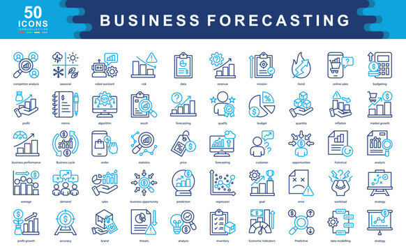 50 business forecasting icons illustrating trends, data modeling, predictions, and growth metrics. Ideal for planning, analytics, revenue strategy, and market performance insights.