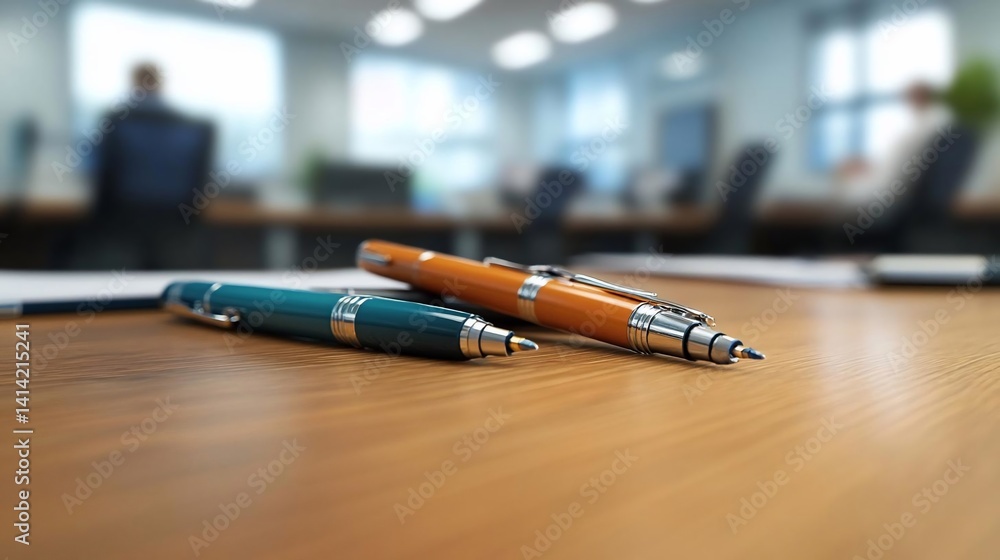 Poster close-up of two elegant pens on a polished wooden table with a blurred office meeting in the backgro