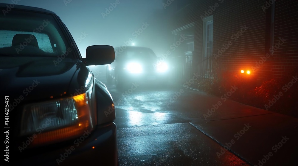 Aufkleber cars driving through a foggy alleyway with illuminated headlights creating a moody atmosphere. the s