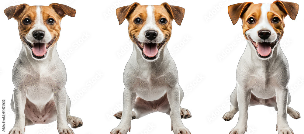 Poster three identical dogs sitting side by side all displaying joyful expressions emphasizing their playfu