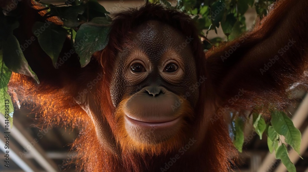 Poster Close up portrait of orangutan with brown fur and smiling face hanging on a tree looking towards the camera with green leaves and wooden structure background