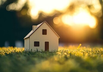 Wooden house model on green grass in warm sunset light, close-up telephoto shot with blurred background, natural scenery, static composition, soft focus and eco living concept