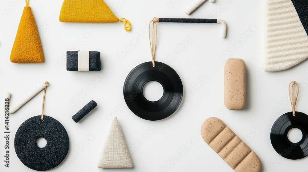 Poster colorful geometric shapes and decorative objects arranged creatively against a minimalist background