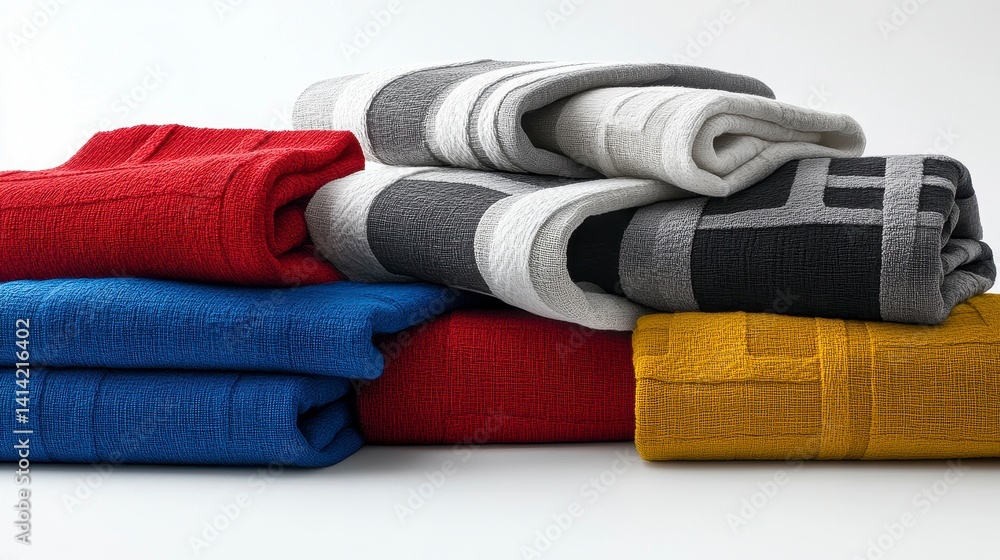 Poster a modern collection of rolled and stacked towels in vibrant colors showcasing texture and design for
