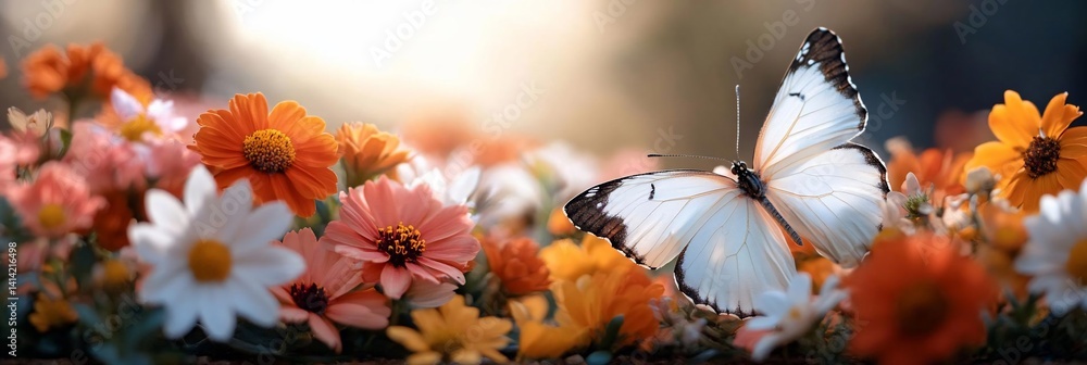 Poster A vibrant image showcasing a butterfly perched amidst a colorful array of flowers bathed in soft sunlight creating a serene and natural scene