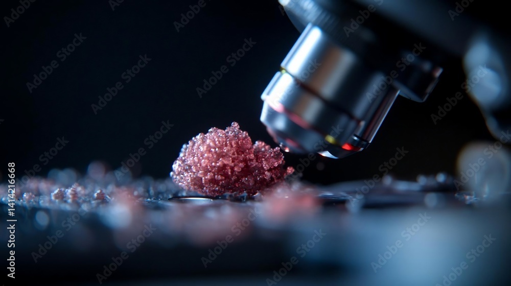 Aufkleber close-up of a scientific microscope focused on a cluster of small red particles against a dark backg