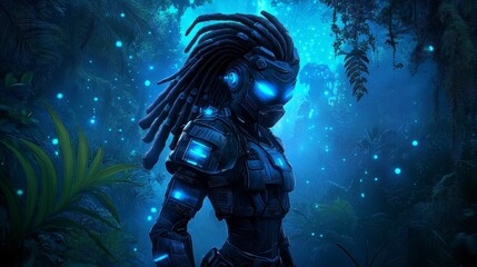 Fototapeta premium A futuristic warrior with glowing armor and dreadlocks stands confidently in a luminous, enchanted jungle setting