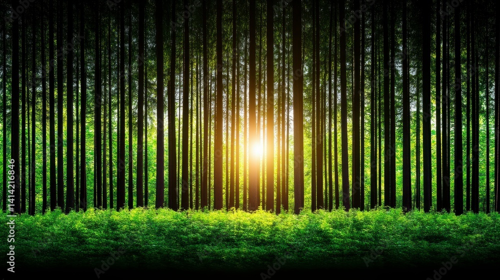 Poster sunlight streaming through the tall trees in a serene green forest creating a peaceful and enchantin