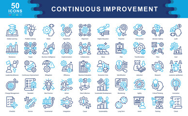 The Continuous Improvement icon set illustrates key elements of innovation, transformation, and process optimization ideal for strategy design, quality management, and sustainable growth.
