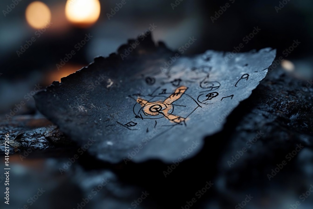 Aufkleber Close-up of a charred paper fragment with an abstract orange symbol. Dark background with blurred warm light, showcasing texture and detail