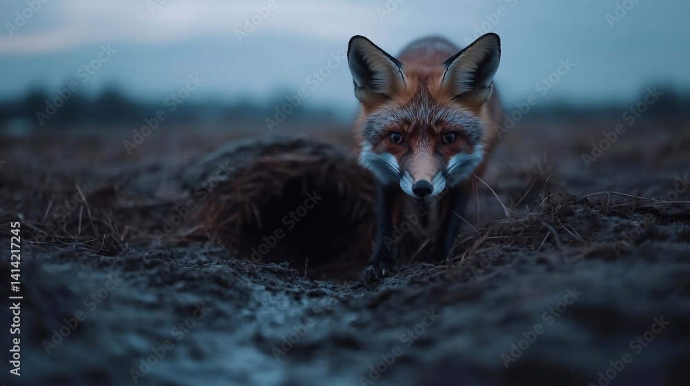 Poster a red fox with attentive gaze stands in a field of dark soil and sparse grass under a dusky blue sky