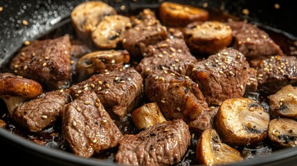 Fototapeta premium Close-up of mushroom caps and beef cooking in sukiyaki pot