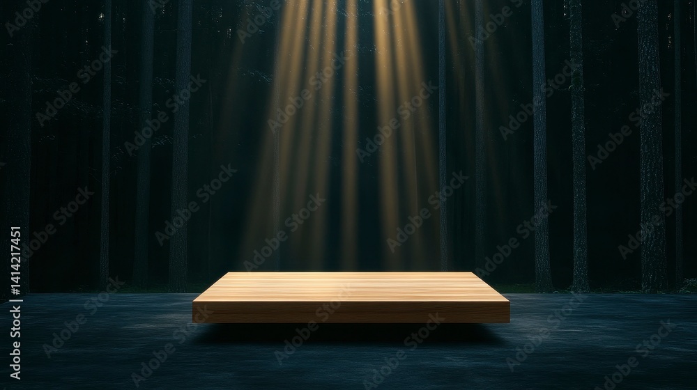 Poster A serene display platform illuminated by soft rays of light in a tranquil forest setting, creating an ethereal ambiance