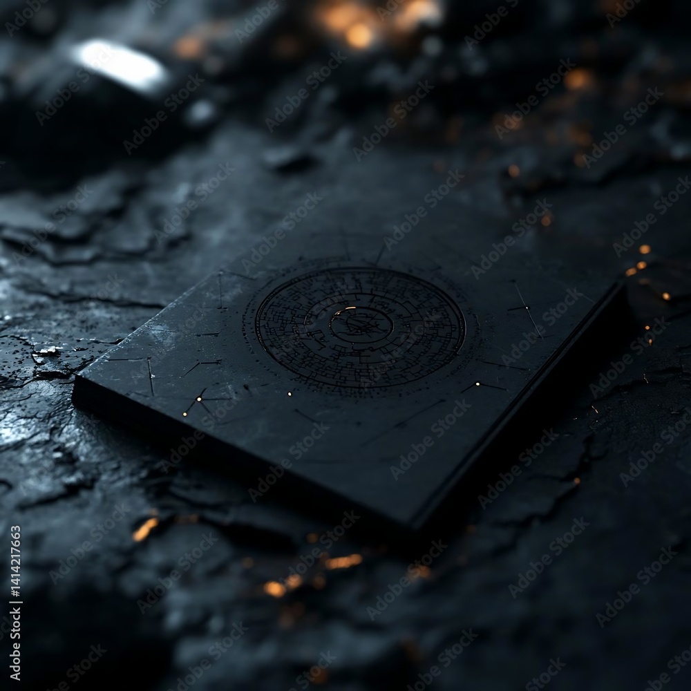 Aufkleber Close-up shot of a dark, textured surface with a square, engraved object at the center. The object features intricate circular patterns and subtle glowing accents, set against a backdrop of similar
