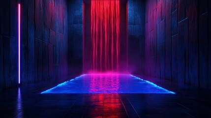 A surreal futuristic indoor water feature with vibrant neon lighting creating an ethereal ambiance in a sleek space