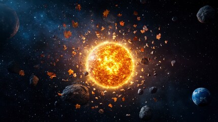 A stunning cosmic scene featuring a fiery sun surrounded by floating autumn leaves and distant planets in deep space