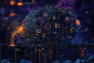 Obraz premium A futuristic brain-shaped spaceship floats in space, intricate gears and glowing lights illuminate its complex design.